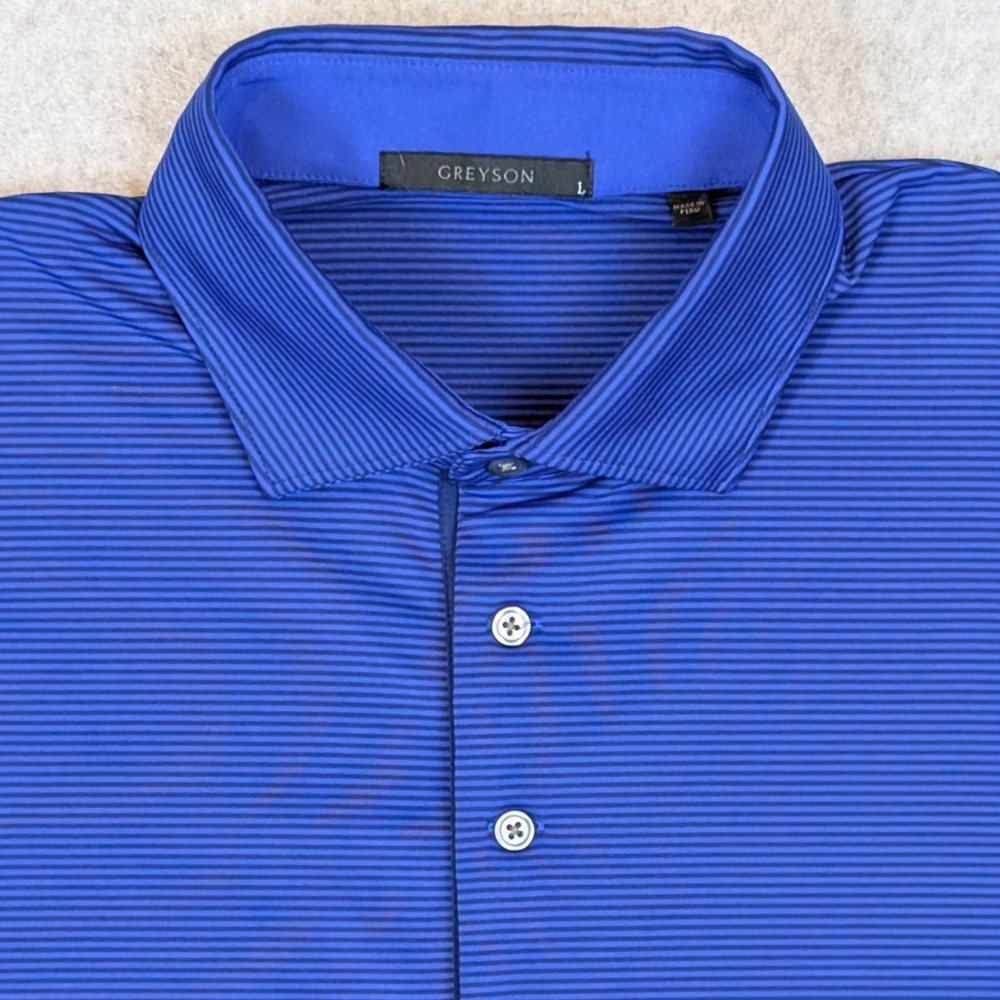 Greyson Performance Golf Polo Shirt Men's Large Blue Stripe Stretch Double Eagle